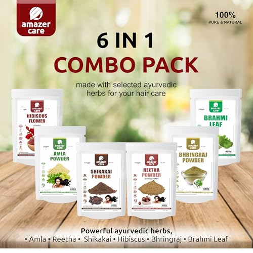 Image of Hibiscus, Reetha, Amla, Shikakai, Brahmi & Bhringraj Powder Combo for Hair Growth and Care (6 Pouches, 1025gm) 100% Herbal Hair Pack and Shampoo Powder