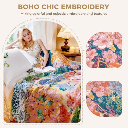 Image of LUTBM Boho Throw Blanket for Couch 50 inchx60 inch, Cotton Decorative Bed Throws