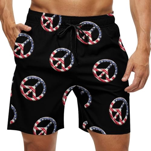 USA Flag Peace Sign Mens Swim Trunks Quick Dry Board Shorts Beach Swimwear Bathing Suits