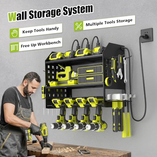 Image of SUNALLY Power Tool Organizer Wall Mount with Charging Station,3 Layer Heavy Duty Metal Tool Storage Rack with 4 Drill Holders, Power Tool Shelf for Garage, Warehouse, Workshop, Gifts for Men, Husband