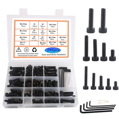 Rshuhx Surtido de tornillos M5, M6, M8, tornillos hexagonales, 295 unidades, acero al carbono, tornillos hexagonales negros y tuercas, juego de arandelas equipado con una llave hexagonal