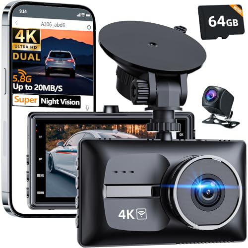 4K Front and FHD1080P Rear Dual Dash Cam Dash Camera,5.8G WiFi for Cars, 3.0" IPS Screen,UHD Night Vision 24H Parking, Dual 170° Wide Angle, WDR, G-Sensor,Free 64GB Card Can Supports 256GB Card Max