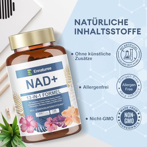 NAD Plus, NAD Supplement 1200mg Hohe Absorption mit Traubenkern, Kurkuma, Panax Ginseng, Advanced Komplex 13 in 1 mit Liposomaler Technologie & Maximale Bioverfügbarkeit, 120 Kapseln