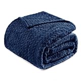 Exclusivo Mezcla Fleece Queen Size Blanket for Bed, 90x90 Inches Soft Cozy Jacquard Flannel Blankets, Lightweight Fuzzy Plush Warm for Women, Navy Blue