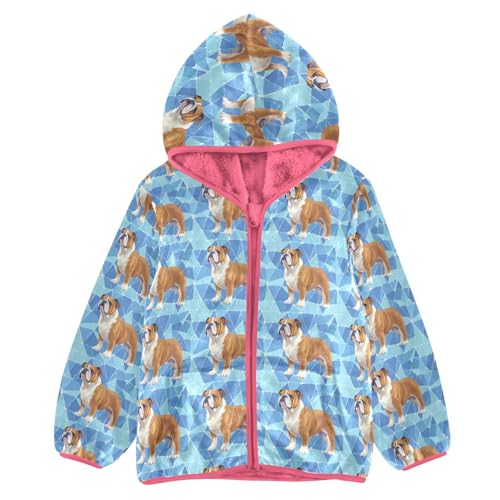 Aflyko Girls Warm Coat Bulldog Geometric Cute Doodle Zip-Up Hoodie Fleece Outerwear Kids Pink Hooded Jacket Children's Fashion Cozy Cute Sweatshirt, 6T