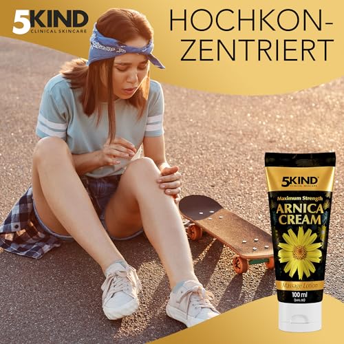 5kind Arnika Salbe Hochkonzentriert 100ml - Extra Stark Arnika Creme - Schnell Wirkende Salbe Hochdosiert - Intensive Creme mit Montana Extract - Gel für Muskeln und Gelenke