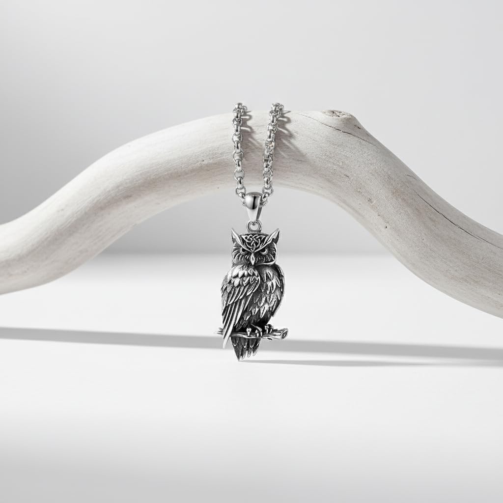 Owl Necklace 925 Sterling Silver Celtic Owl Pendant Jewelry for Men Him Husband