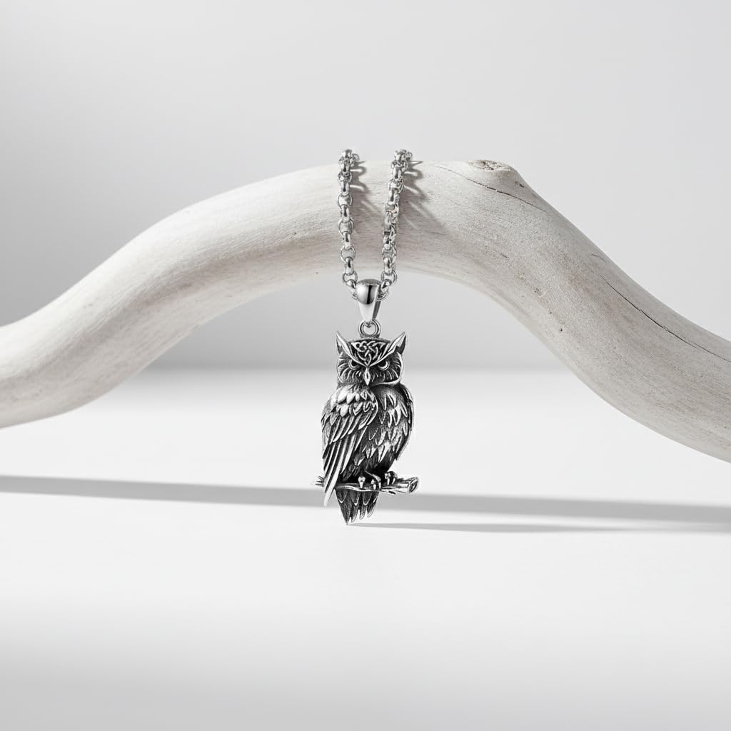 Eule Halskette 925 Sterling Silber Eulen anhänger Tierschmuck für Herren, mit Edelstahlkette 56+5 cm