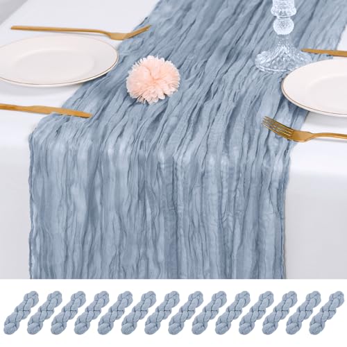 RealBox 14 Pack Dusty Blue Cheesecloth Table Runner 17x108 Inch Semi Sheer Boho Gauze Cheese Cloth Fabric Table Runners, for Wedding Party Baby Shower Birthday Home Decor Garden Farmhouse