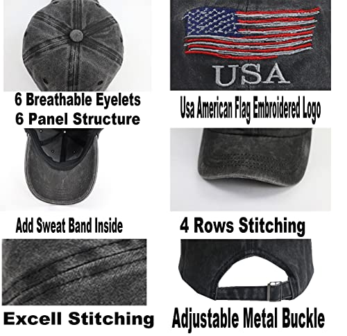 American Flag Hat For Men Women, Fourth Of July Accessories Usa Baseball Cap, Embroidery Adjustable Washed Vintage Cotton Merica Military Ball Cap, America Patriotic Army Gifts For Man, Woman Black #TOP3