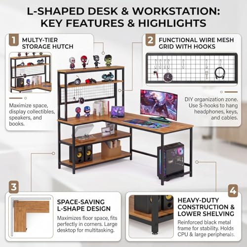 Image of L Shaped Computer Desk with Bookshelf | Gaming Table with Storage Shelves, Metal Frame, Monitor Stand, Organizer Hooks | Wooden Study Table for Home, Office & Work from Home | DIY.