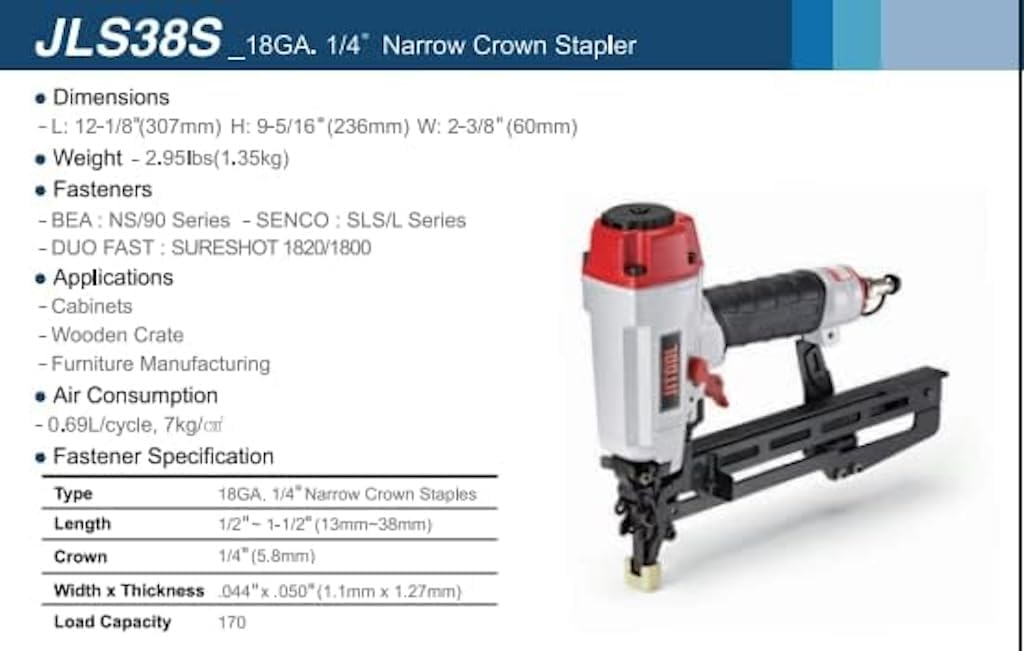 JLS38S 18-Gauge 1/4" Crown Narrow Crown Stapler – Professional Pneumatic Tool