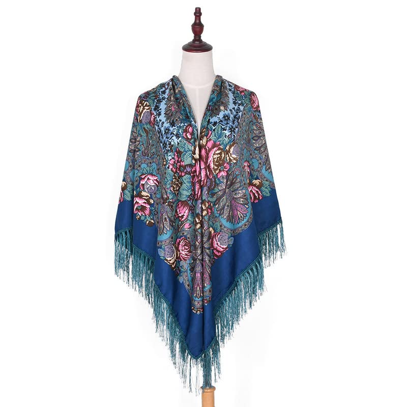 Women's Shawl Oversized Scarf Wrap Russian Babushka Traditional Retro Ukraine Printed tassels Square Scarfs（61inx61in3
