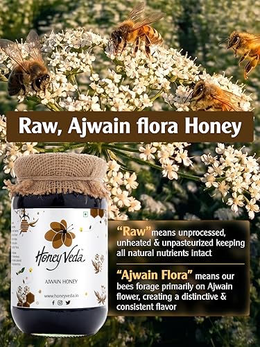 Image of HoneyVeda Ajwain Raw Honey (150g) | 100% Natural Honey | Raw Unprocessed & Unpasteurized Single Flora Indian Nectar for Immunity, Cold & Cough Relief, & Metabolism Support (Pack of 1)