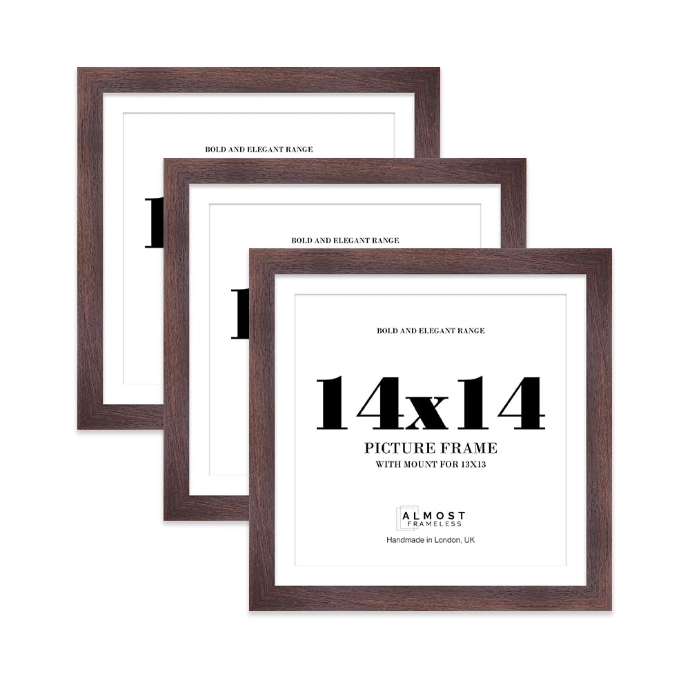 14x14" Walnut Square Frame With Mount for 13x13" Pictures 28mm Edge Frame Display with Wall Hooks, 3 Pack
