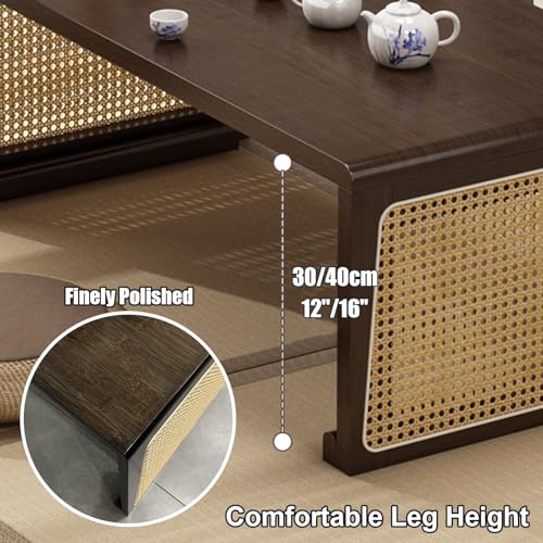 JapaneseCoffee Table basse pliable en bois massif avec rotin tissé à la main Pas de montage nécessaire pour les petits espaces Beige 67 x 40 x 30 cm – vue 4