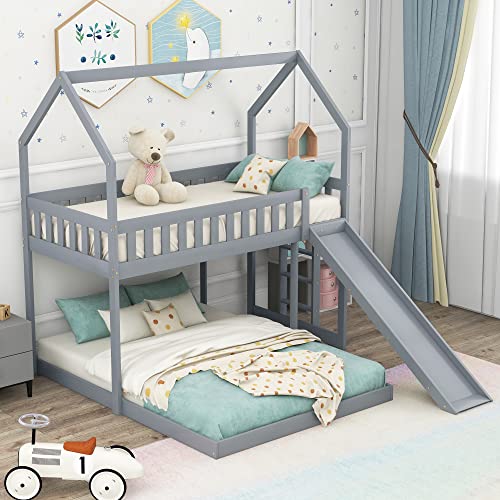 Glorhome Twin Over Full House Bunk Bed， Detachable To Floor Bedframe And A Loftbed, With Slide, Built-In Ladder,Full-Length Guardrail For Kids Adults,Roof Can Be Decorated #TOP4