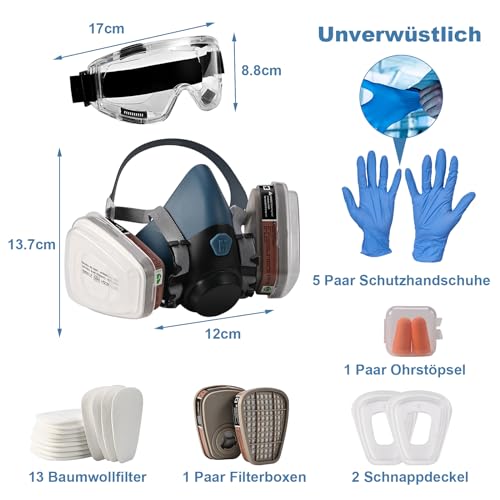 Tigvio Atemschutzmaske, Gasmaske Set, Staubmaske Staubschutzmaske für Lackieren Dämpfe Schutz Schleifen, Staubmasken Atemschutz Feinstaub, Schutzmaske mit Schutzbrille, Staubmaske mit Filter