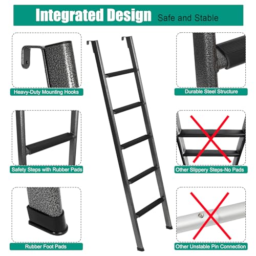 Image of Anti-Slip RV Bunk Ladder, 72in Integrated Heavy Duty Steel, Black | Camper Bunk Bed Ladder with Anti-Slip Rubber Foot Pads and Hooks