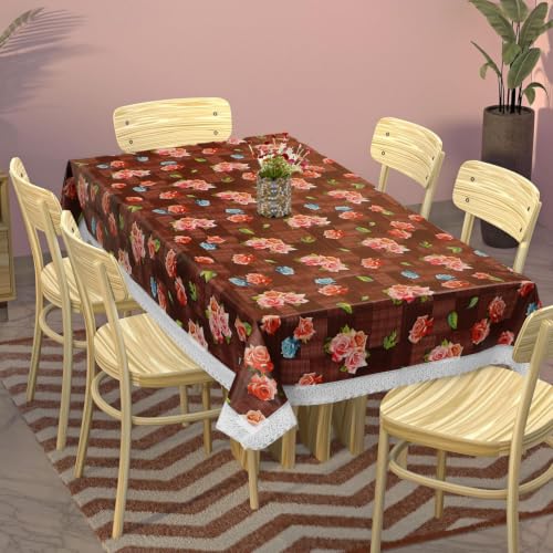 Image of Dakshya Industries 6 Seater PVC Waterproof Dining Table Cover 60x90 Inch | Floral Printed Washable Table Cloth with Lace Border