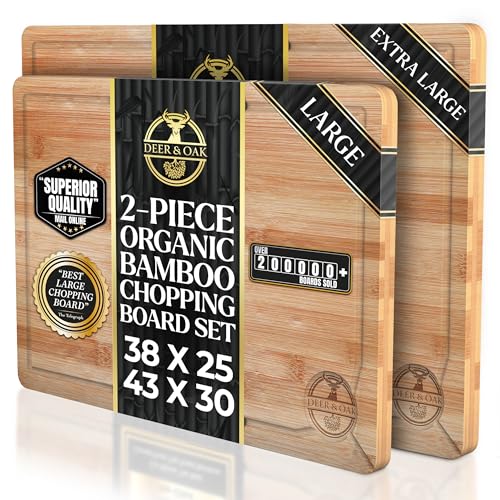 Deer & Oak Wooden Chopping Board Set - 1x Large 38 x 25 x 2cm & 1x XL 43 x 30 x 2cm, Pre Oiled Bamboo Cutting Board Set for Carving Meat, Fish, Vegetables, Chopping Boards for Kitchens