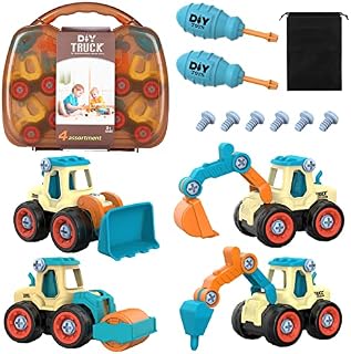 Januts Take-Apart Construction Vehicles Mini Engineering Toy Play Set with 4 Pack, Excavator, Road Roller, Bulldozer, Ground Drilling Rig, DIY Building Educational Toys for Boys Girls Age 3+ (Blue)