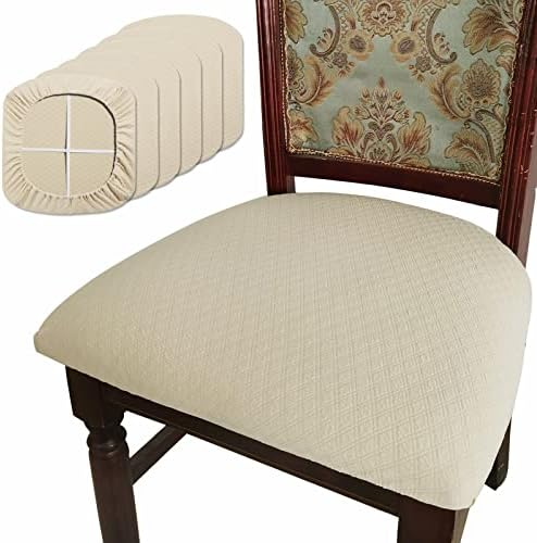 BUYUE Dining Room Chair Seat Covers Set of 6, Luxury Jacquard Fabric Stretch Washable Slipcover for Kitchen Seat Cushions, Beige-6PCS