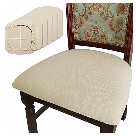 BUYUE Dining Room Chair Seat Covers Set of 6, Luxury Jacquard Fabric Stretch Washable Slipcover for Kitchen Seat Cushions, Beige-6PCS