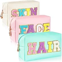 3 Pcs Preppy Patch Makeup Bag Chenille Letter Bag, PU Leather Waterproof Toiletry Hair Bags with Nylon Zipper Patches Makeup Organizer Bags Set for Women