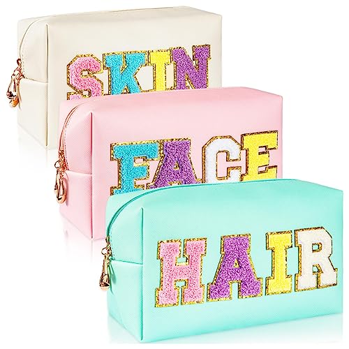 ZAUGONTW 3 Pcs Preppy Patch Makeup Bag Chenille Letter Bag, PU Leather Waterproof Toiletry Bag Hair Bag with Nylon Zipper Patches Makeup Organizer Bag Set for Women
