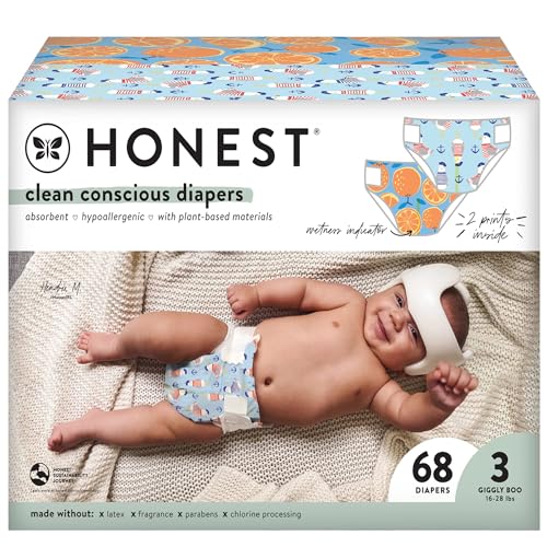 Image of The Honest Company Clean Conscious Diapers | Plant-Based, Sustainable | Orange You Cute + Feeling Nauti | Club Box, Size 3 (16-28 lbs), 68 Count
