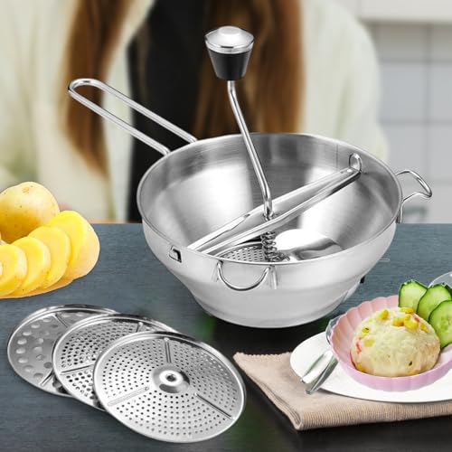 Ergonomic Food Mill | Stainless Stainless Steel Blender With 3 Discs,Grain Mill Hand Crank With 3 Food Grinders Discs For Mashing Grating Fruit – Image 3