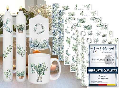 Sugeru 6 PCS Kerzentattoo (200+ Muster) Wassertransferdruck |wasserschiebefolie kerzen | Kerzenfolie | kerzenaufkleber sticker | Kerzen dekorieren (Eukalyptus II)