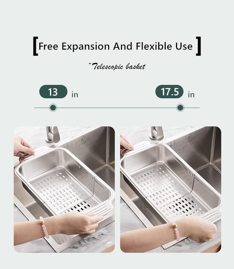 Image of KRESHU Sink Strainer Basket | 17.5 Inch Kitchen Sink Basket Strainer Steel Expandable Over Sinks Colander for Washing Vegetables, Fruits, Draining Pasta & Drying Dishes | Pack of 1