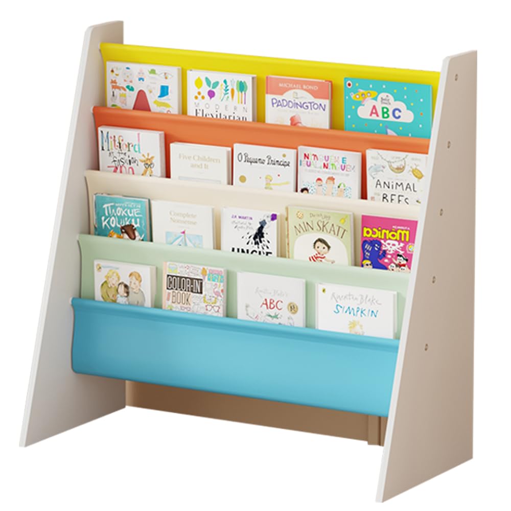 Rainbow Tree 4-Tier Children Sling Book Rack Bookshelf Wooden, Easy-to-Reach Storage for Books, Kids Book Rack Storage Bookshelf with Deep Sleeves, Ideal for Playrooms & Homeschooling (Yellow) — image 1