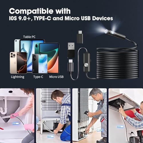Image of Endoscope Camera boroscope Snake Flexible IP67 Waterproof Camera 3 in 1 Type C USB, V Type Port & 6 led Light with 2 mtr Length Cable for Android pc and Note Book (App USB Camera)
