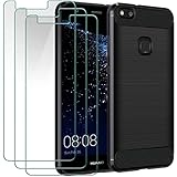 ivoler Funda para Huawei P10 Lite con 3 Piezas Cristal Templado, Fibra de Carbono Carcasa Protectora Antigolpes, Suave TPU Silicona Caso Anti-Choques Case Cover - Negro