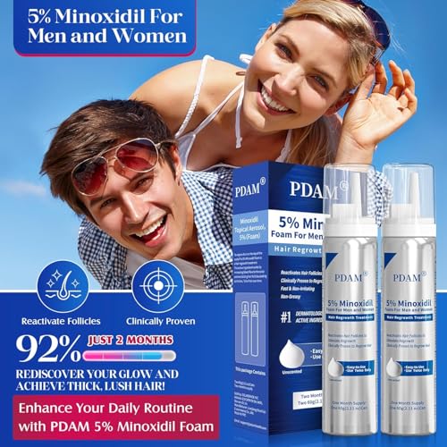 Image of PDAM 5% Minoxidil for Men and Women Foam - Clinically Proven to Regrow Thinning Hair, Topical Hair Loss Treatment, Maximum Strength Foam for Thicker & Fuller Hair, 2 Month Supply (2 x 2.11 oz)