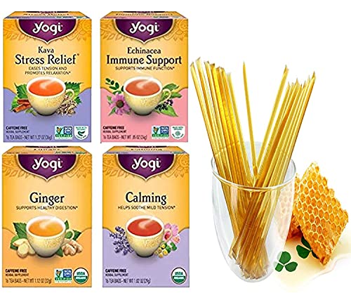 Yogi Tea Stress Relief Sampler Bundle (Pack of 4) 64 Tea Bags Total, Caffeine Free - Herbal Tea Assorted Variety Flavors Including - Kava, Echinacea Immune Support, Ginger, and Calming