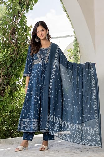 Image of Rangnavi Women's Cotton Trending Anarkali Embroidered Kurta with Pants and Dupatta Set | Ethnic Set (Blue)