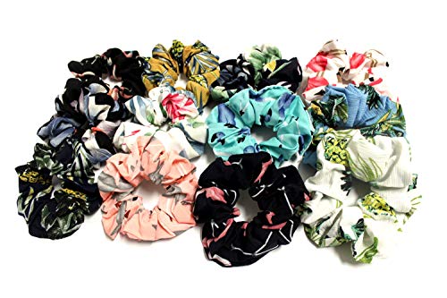 Syleia Velvet Scrunchies (Tropical Pattern Flamingo Pineapple Prints)