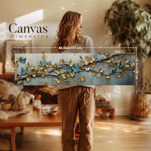 Image of Large Stretched Canvas Painting, Panel Wall Painting Blue and yellow Butterfly Luxury Paintings for Home Decoration, Living room, Bedroom and Office Decor - Gold, 12x46 Inch