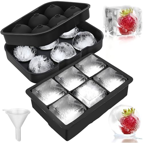 Silicone Ice Cube Trays Large Ice Cube Molds Set of 2 With Funnel Sphere Ice Ball Maker & Large Square Ice Cube Maker With Lid for Cocktails Whiskey and Homemade Ice Reusable & BPA Free (Black)