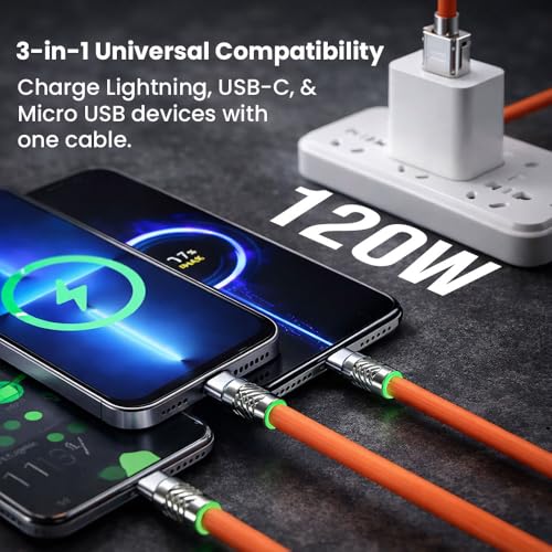 Image of Treziya 3 in 1 Fast Charging Cable 6A, Supports Fast Charging with Original Adapter, Type C, Lightning & Micro USB Multi Connector Cable