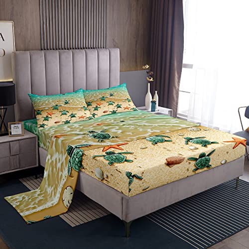 Green Sea Turtle Fitted Sheet Ocean Hawaii Beach Tropical Sheet Set For Teens Boys,Tortoise Sea Waves Bed Sheets Starfish Conch Coastal Creature Flat Sheetnautical Sea Animal Room Decor Full #TOP17
