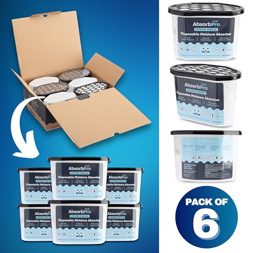 Absorb Pro - Moisture Absorber Tub with Activated Charcoal - 6-Pack - 10.5 oz Disposable Odor Eliminator Box & Dehumidifier for Garage, Home, Kitchen, Bedroom, Bathroom, Closet, Cars, and Boats