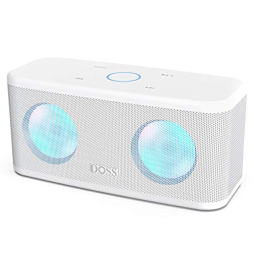 DOSS SoundBox Plus Kabellos Bluetooth Lautsprecher, 16 Watt Bluetooth Musikbox mit Dual-Treiber, Touch Steuerung, Farbige Party Licht, Mikrofon, 20 St. Akkulaufzeit, TF Karte Slot, Weiss