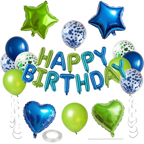 WEIKA 27 Pcs Green Blue Birthday Decorations, 3D Letters Green Blue Happy Birthday Balloon Banner, Pentagram Heart Foil Balloons Confetti Balloons Kit For Boys Girls Party Supplies