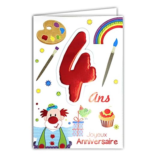 Age MV 69 – 2004 tarjeta cumpleaños feliz 4 años infantil niño Niña diseño payaso regalo pájaro pastel Cupcake pintura pinceles Multicolor