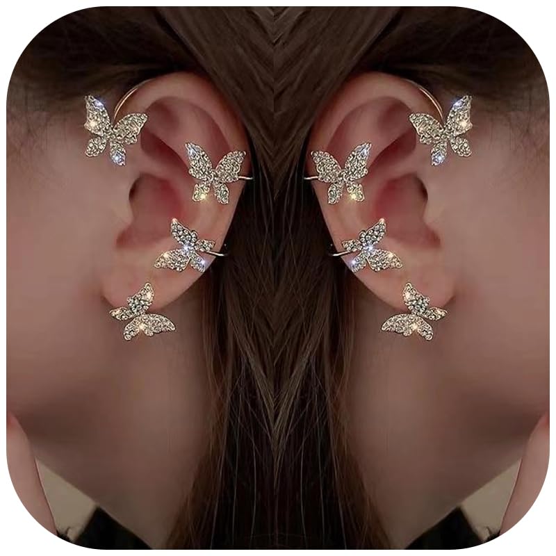 1Pair Butterfly Ear Cuffs, Drop Earrings, Rhinestone Embellished, Fashion Jewelry for Women, Trendy Accessories for Casual Wear, Stylish Dangle Earring for Everyday Use (Silver)